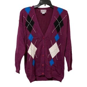 Vintage Beaded Argyle Pattern Cardigan Sweater